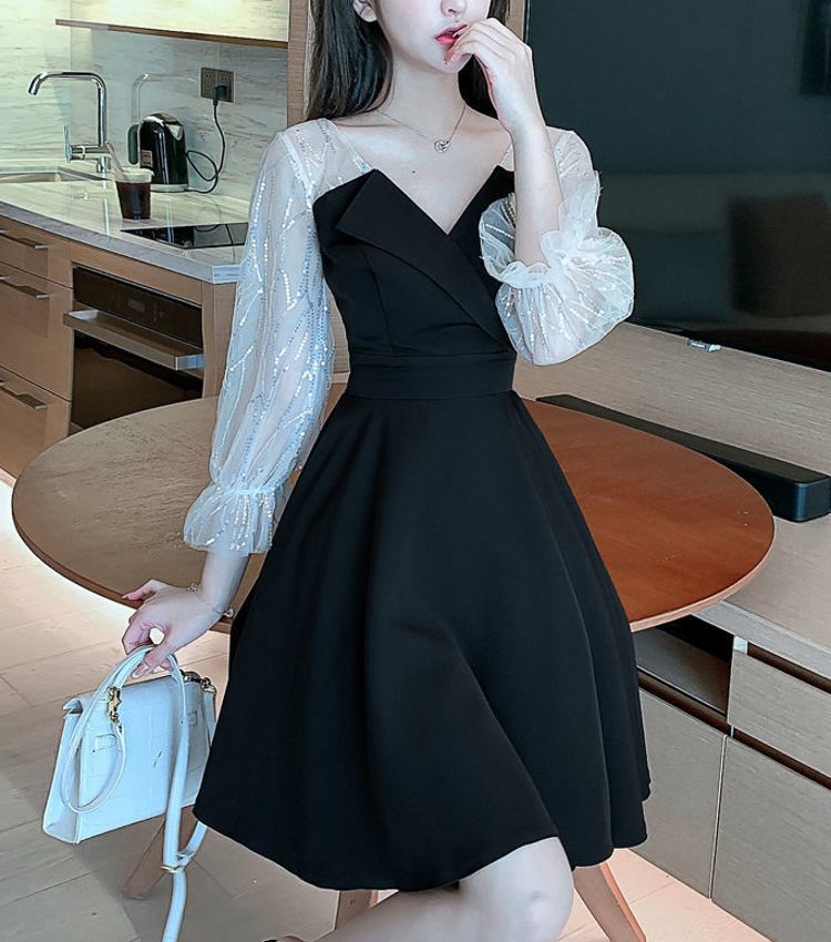 Little Evening dress banquet temperament Usually new pattern black 2021 spring clothes new pattern Dress Show thin
