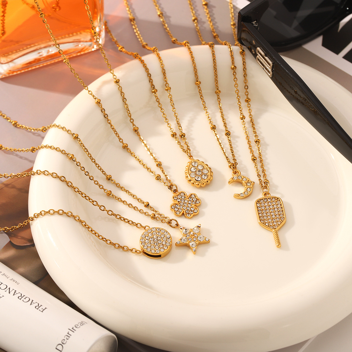 Pendant Necklace Classification Wholesale Jewelry Retro Classic Style Star Moon Water Droplets Titanium Steel 18K Gold Plated Cable Chain Pendant Necklace