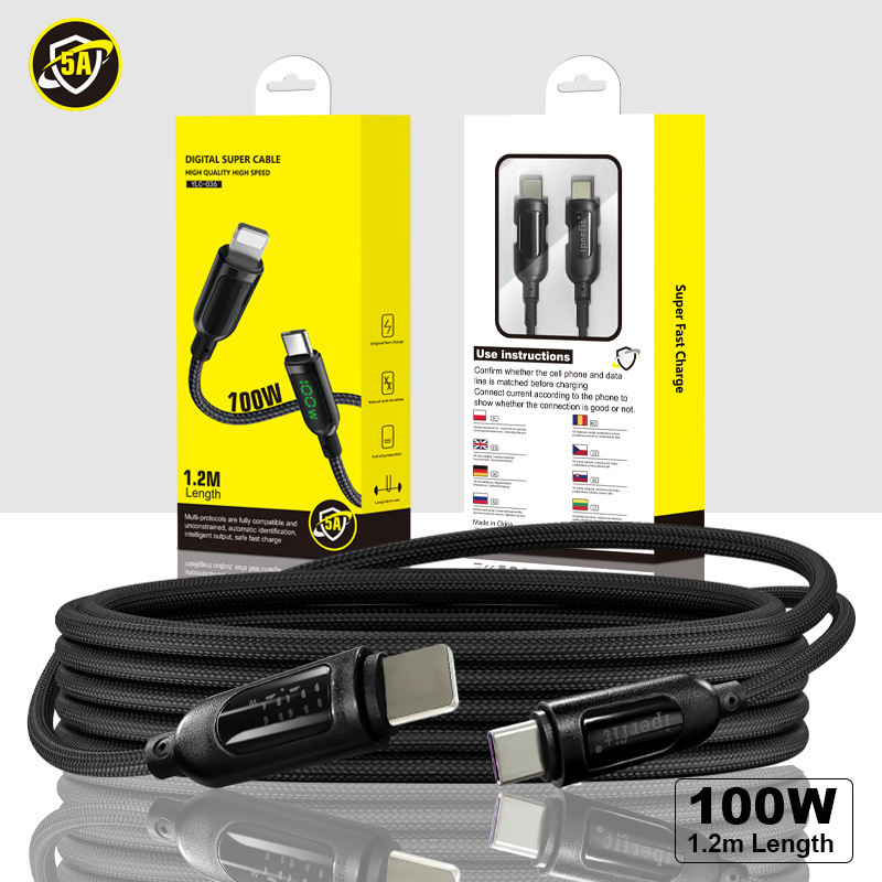 1.2m 100W Digital Display 8Pin Data Cable 5A Fast Charging Braided Cable for iPhone