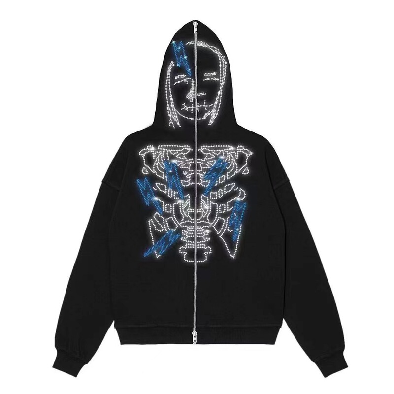 2023 European and American Dark Skull Rhinestone Print Sweatshirt Men's and Women's Hoodie Gothic Couple Harajuku Large Size Zipper