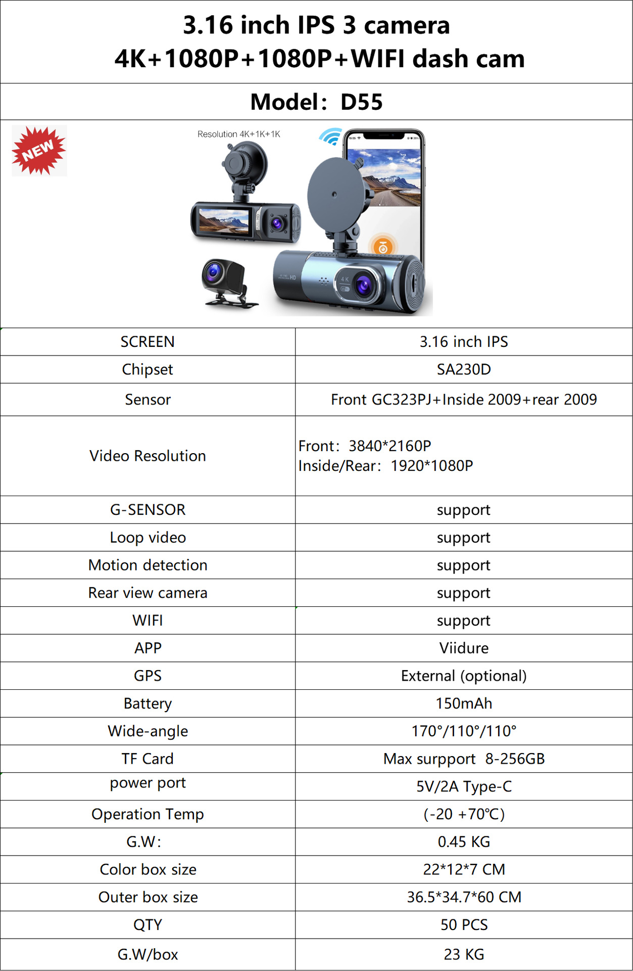 4K+1K+1K 3-Lens Wifi Car Dash Cam Mobile App High-Definition Dash Cam Dashcam