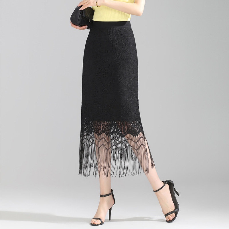 蕾丝拼接时尚包臀一步裙2024年夏款中长款洋气流苏时髦优雅半身裙
