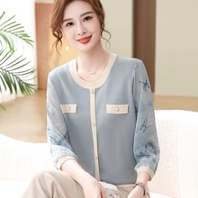 妈妈春夏装新款洋气薄T恤新中式纱袖小衫中年女七分袖针织上衣服