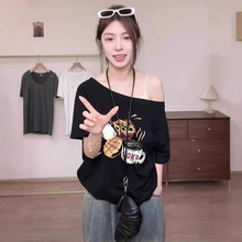 民族风潮t纯棉短袖T恤衫女落肩露肩印花半袖体恤上衣服斜肩小众夏