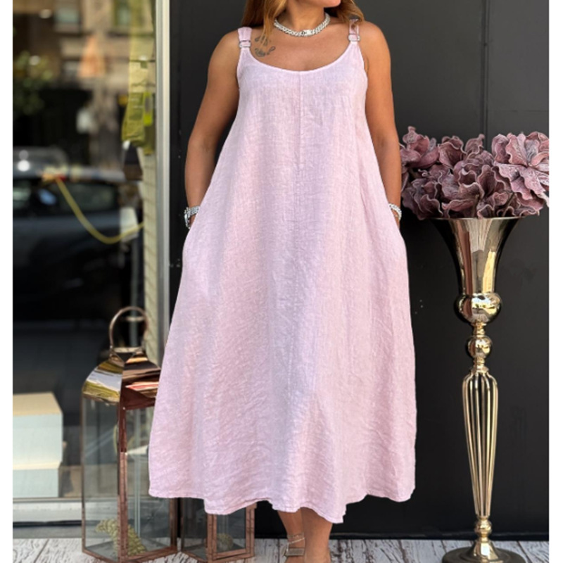 Independent E-Commerce Site Cross-Border Foreign Trade Women's Summer New Style Simple Style Pocket Round Neck Sleeveless Cotton Linen Dress Independent E-Commerce Site Cross-Border Foreign Trade Women's Summer New Style Simple Style Pocket Round Neck Sleeveless Cotton Linen Dress