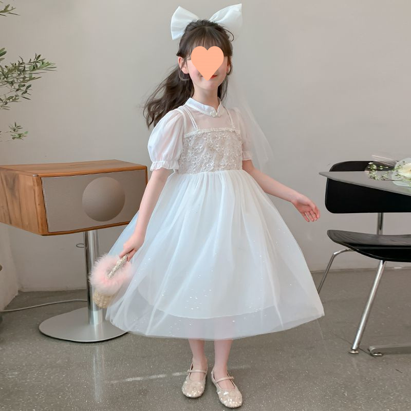 女の子ドレス 2025 夏の新しい子供服子供の日のパフォーマンス白ガーゼスカート西洋スタイル甘いプリンセススカート|undefined