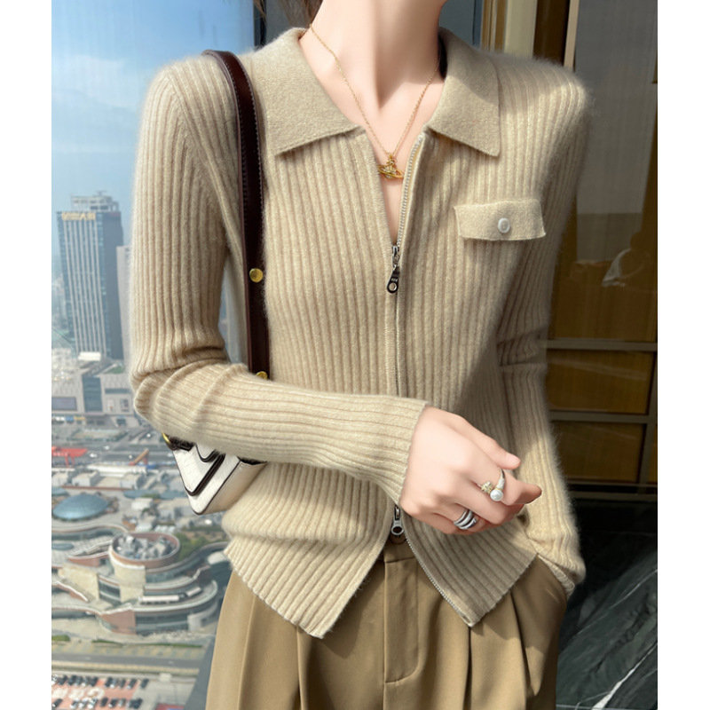 Shenzhen Nanyou Classy Clearance Spring & Fall New Style Lapel Double Zipper Slim Fit Versatile Cashmere Knitted Cardigan for Women