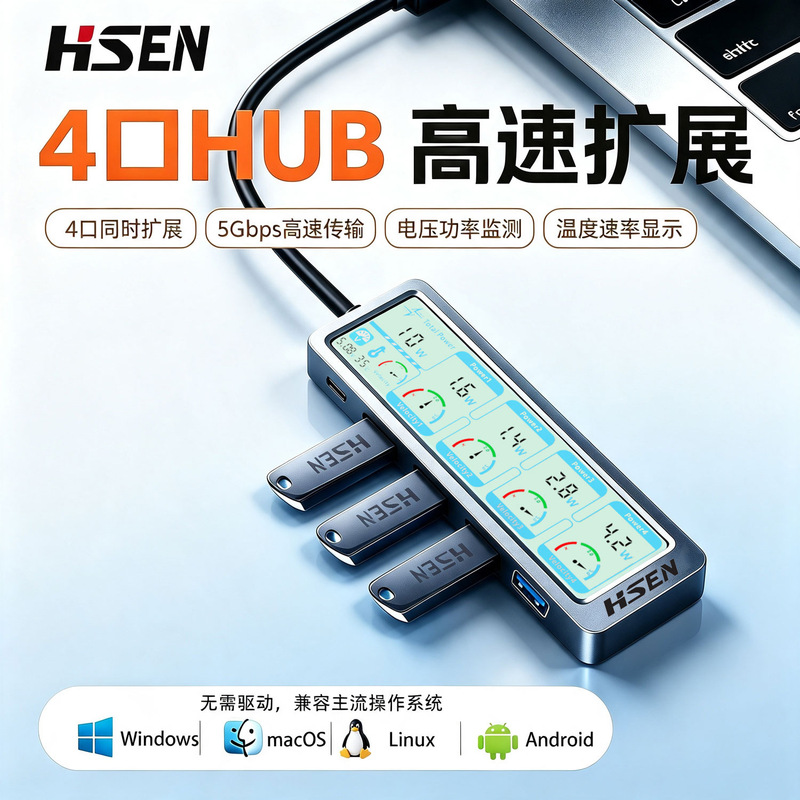 HSEN docking station USB3.0 multi-port digital display visual hub four-in-one hub with detection function HSEN docking station USB3.0 multi-port digital display visual hub four-in-one hub with detection function