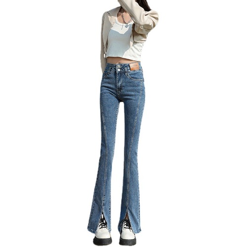 Front slit flared jeans for women, versatile design, niche tight elastic straight high waist slightly flared long pants trendy