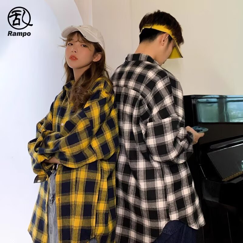 Black and White Plaid Shirt Men's Korean Style Trendy Casual Youth Couple Shirt Handsome Versatile Brushed Jacket
