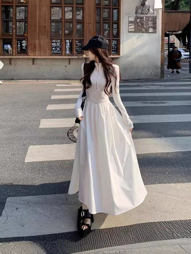 French-style gentle wind, waist-cinching, slimming, versatile one-piece dress for spring and autumn, elegant zipper base dress, large skirt, high-waisted slimming