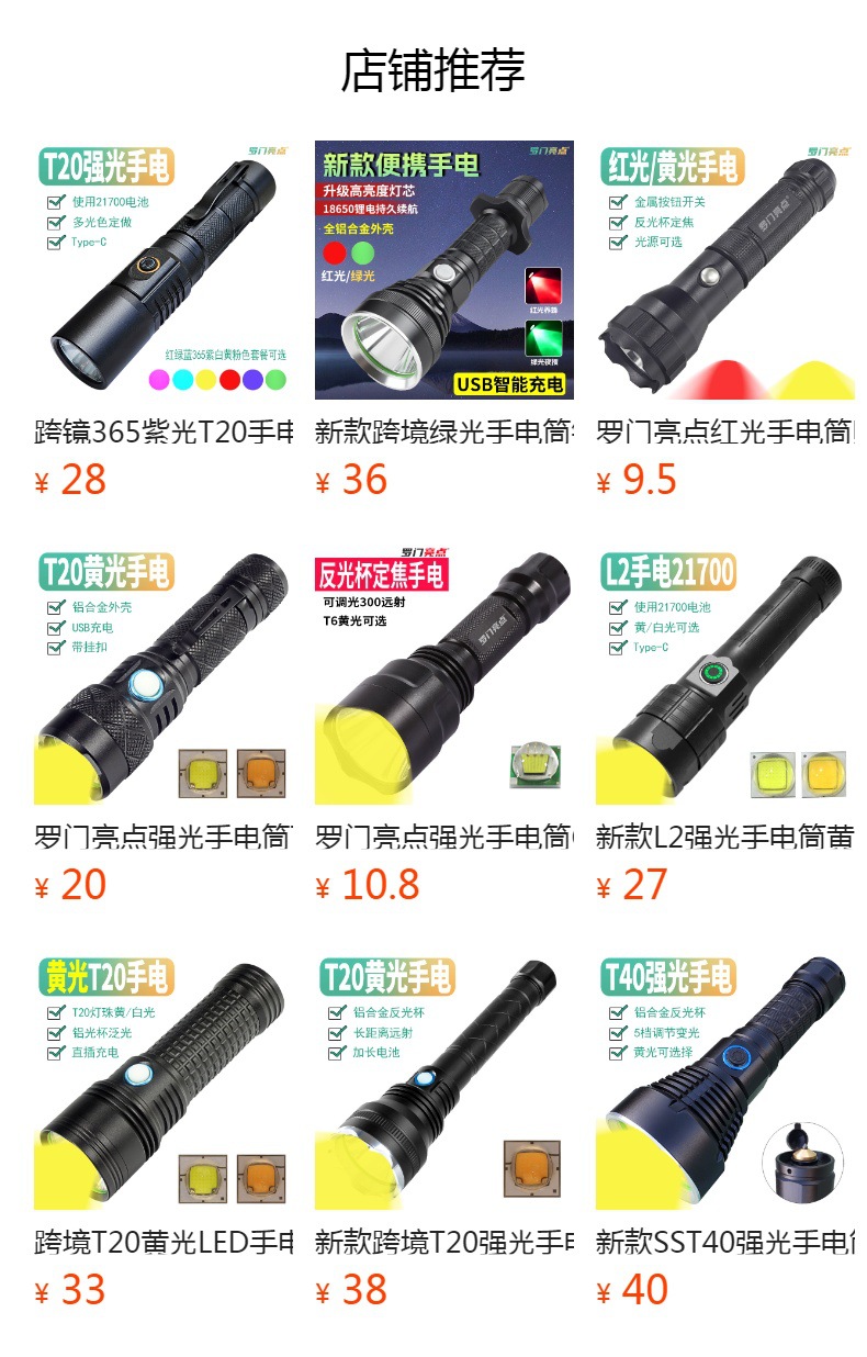 Cross-Border Yellow Light T20 Strong Light Flashlight Type-C Charging Aluminum Light Cup Fixed Focus Long-Range Aluminum Alloy Outdoor Lighting