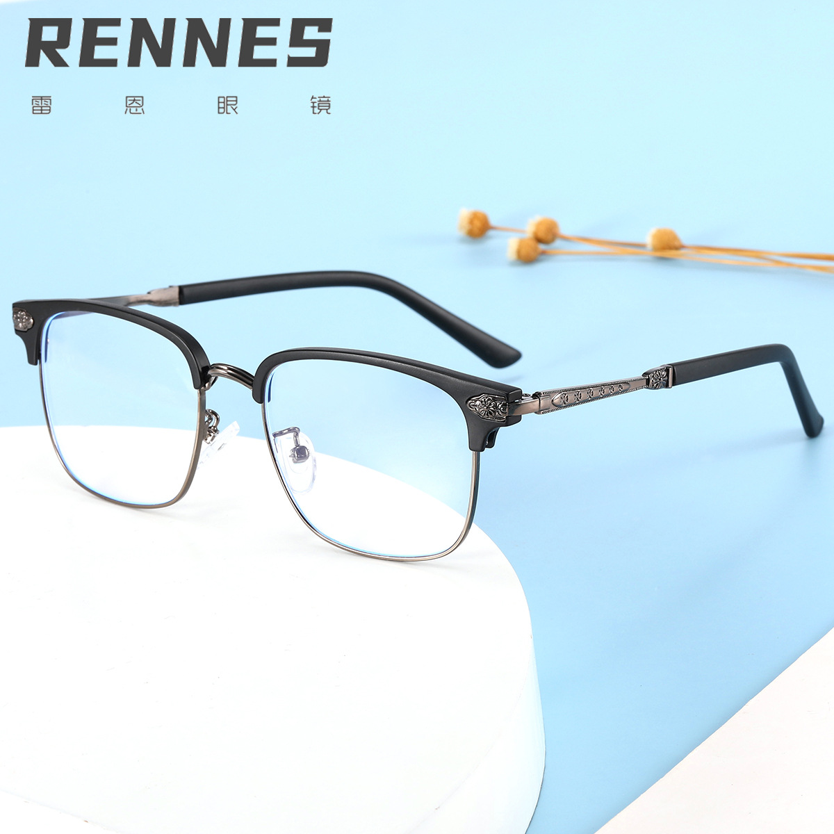 2021 gafas lisas de luz anti-azul las Gafas de metal retro de los hombres enmarcan las gafas lisas de medio Marco de las mujeres pueden equiparse con miopía 9305