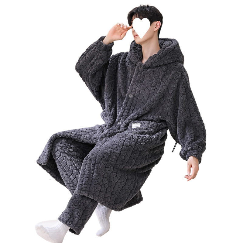 파자마 남성용 가운 가을과 겨울 겨울 산호 양털 두꺼워진 플러스 벨벳 플란넬 목욕 가운 가정복 봄과 가을 긴