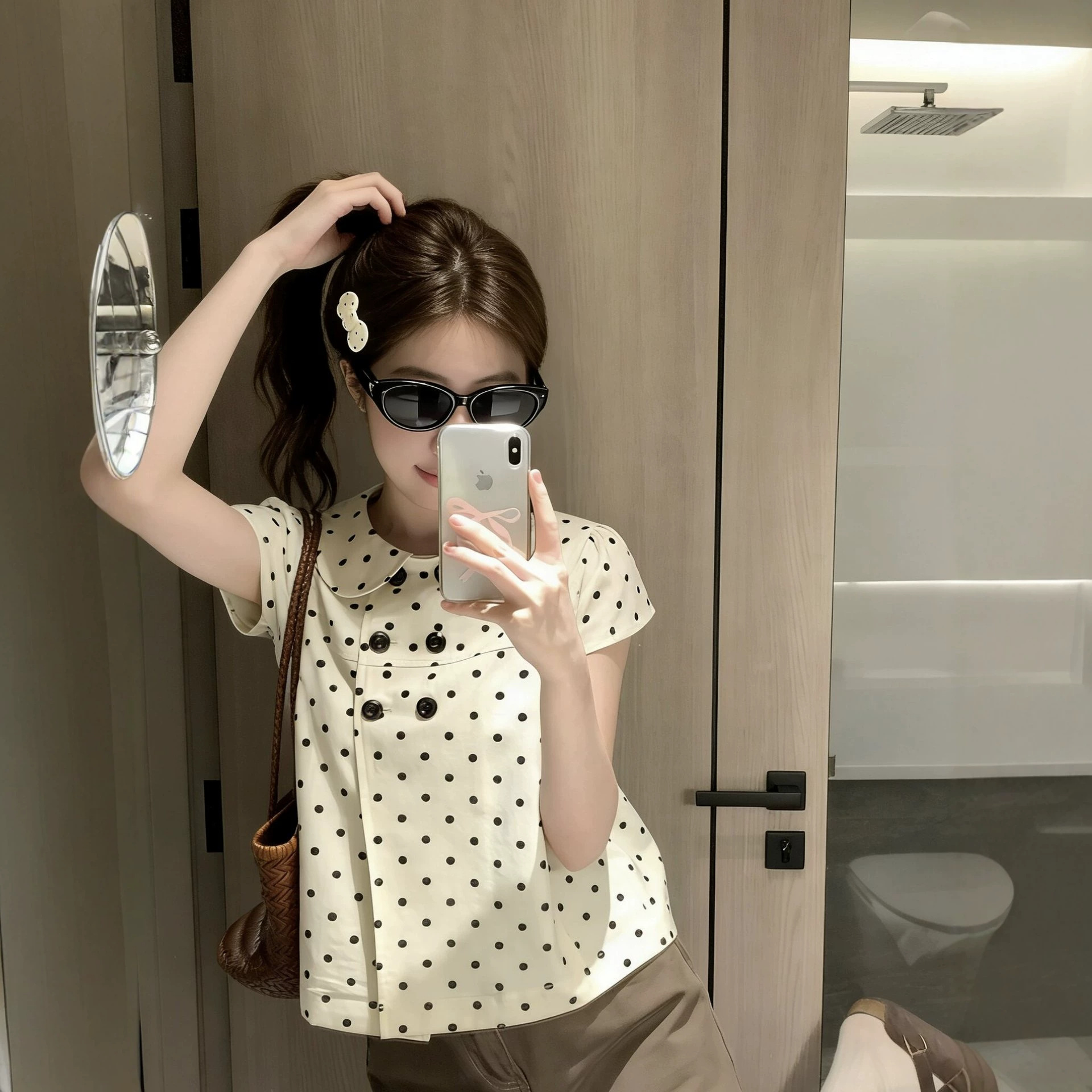 Kumikumi Sweet Polka Dot Age-Reducing Peter Pan Collar Short-Sleeve Shirt Women's Summer Slimming Versatile Chic Top