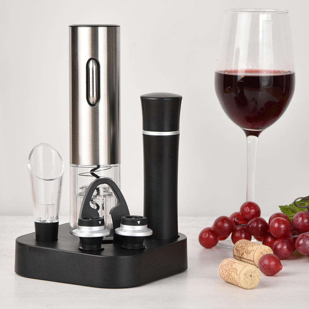 Juego de juego de vino eléctrico transfronterizo, chasis de almacenamiento, abridor de botellas de vino 5 en 1 con base, abridor de botellas de regalo de empresa