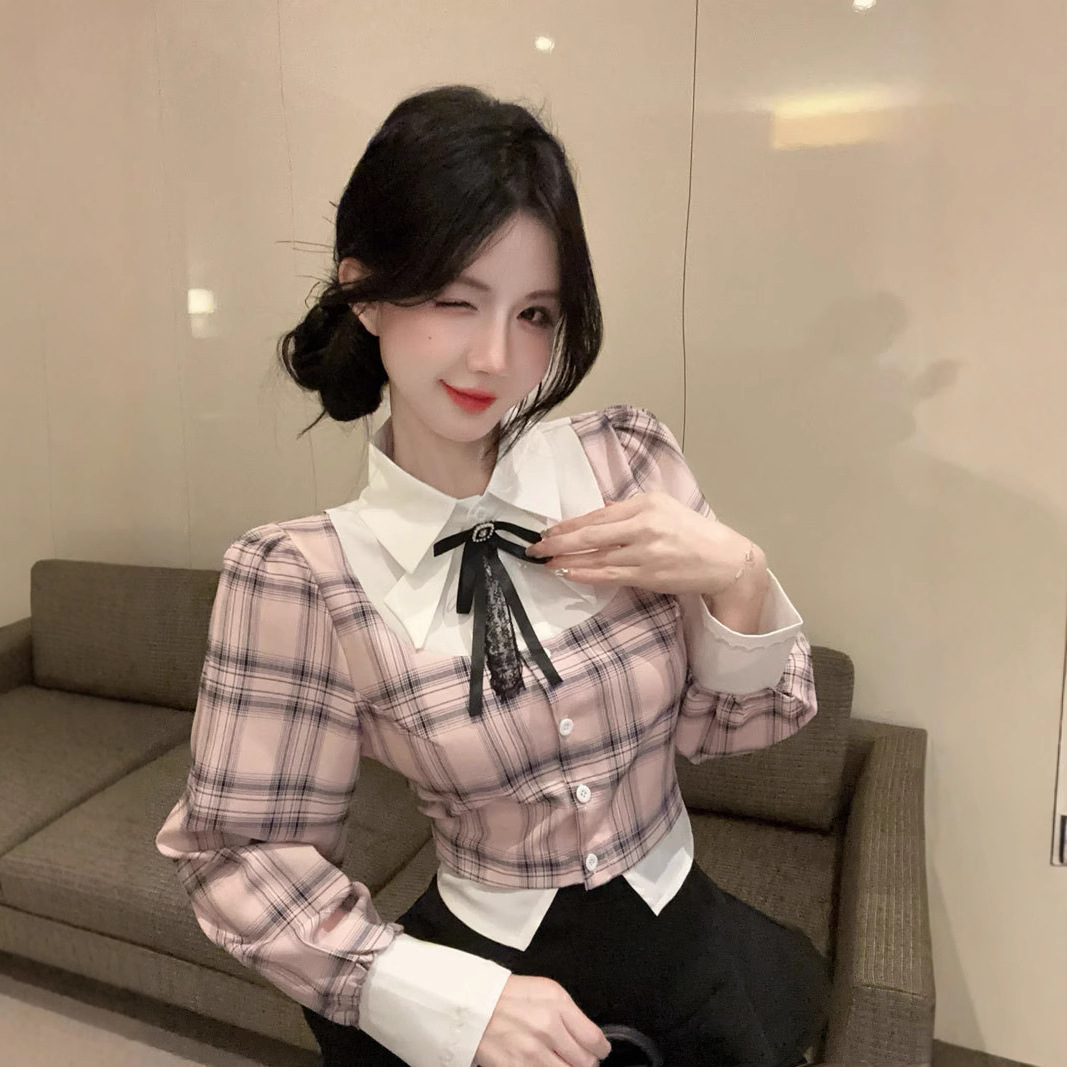 대학 스타일 달콤한 향신료 소녀 나이 감소 가짜 2 조각 격자 무늬 작은 대비 셔츠 블랙 투투 스커트 JK 세트 트렌디