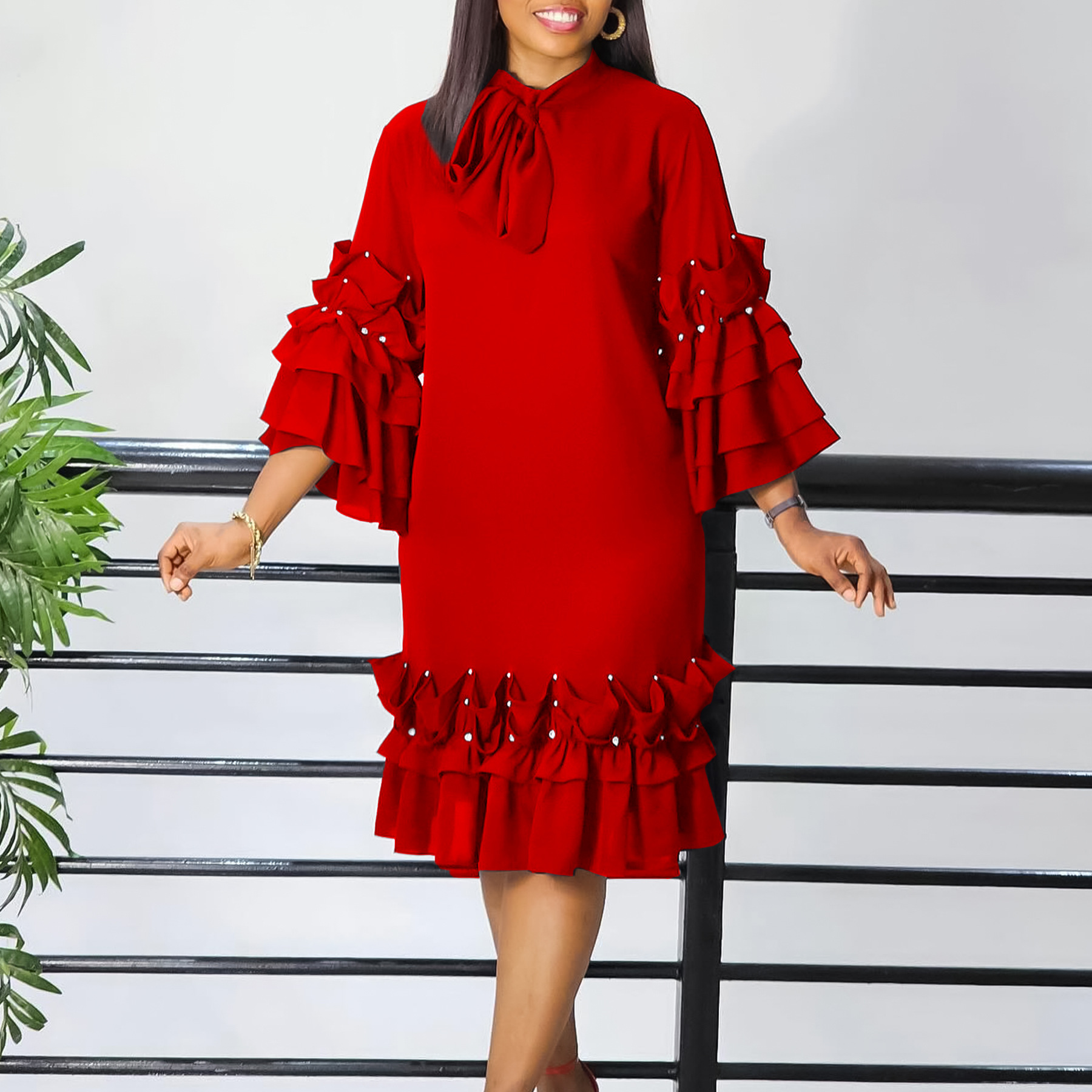 Elegant Women's Fashion Dress with Ruffled Layers, Bell Sleeves, and Tie Detail, Loose Fit, Ideal for International Trade