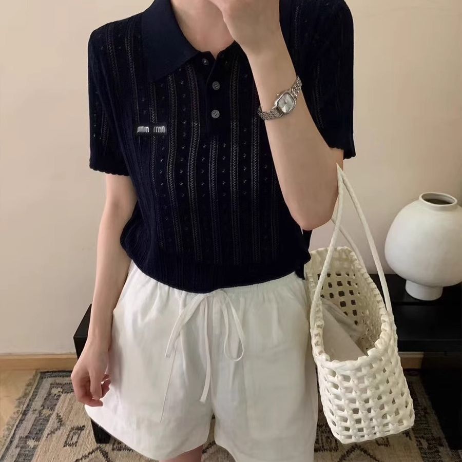 2026夏季新款女洋气减龄百搭韩系镂空Polo领镂空短袖针织衫上衣潮