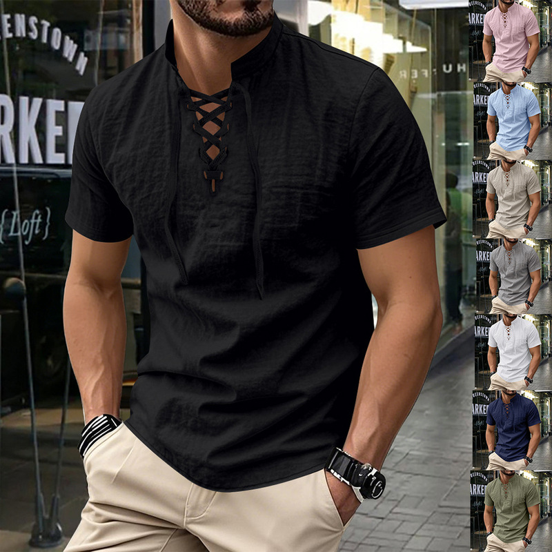 2026 Cross-Border Summer New Casual Shirt Loose Medieval Retro Linen Drawstring Henry Polo Shirt Short Sleeve 2026 Cross-Border Summer New Casual Shirt Loose Medieval Retro Linen Drawstring Henry Polo Shirt Short Sleeve