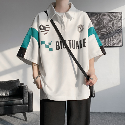 Summer contrasting color patchwork quarter sleeved men's T-shirt loose oversized trendy half sleeved clothing_voghion.com