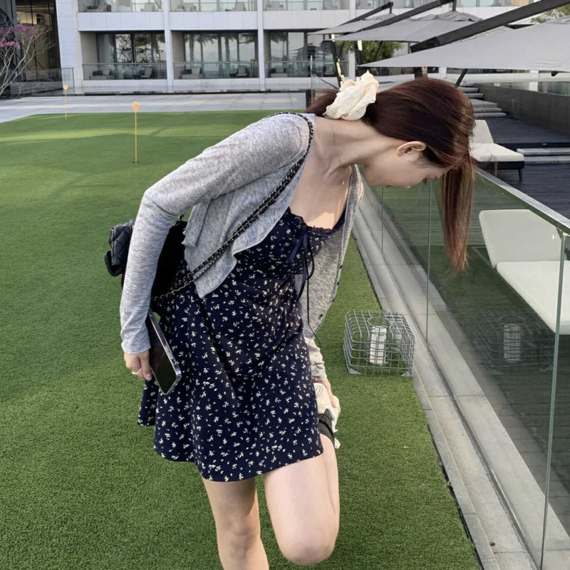 Y.Jia French-Style Suspender Dress Short Skirt + Slightly See-Through Sun Protection Cardigan Two-Piece Set Spring and Autumn Fashion Set