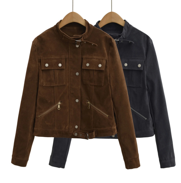 2025 Autumn New American Retro Flocked Slim Short Stand Collar Jacket Suede Motorcycle Pu Leather Jacket for Women