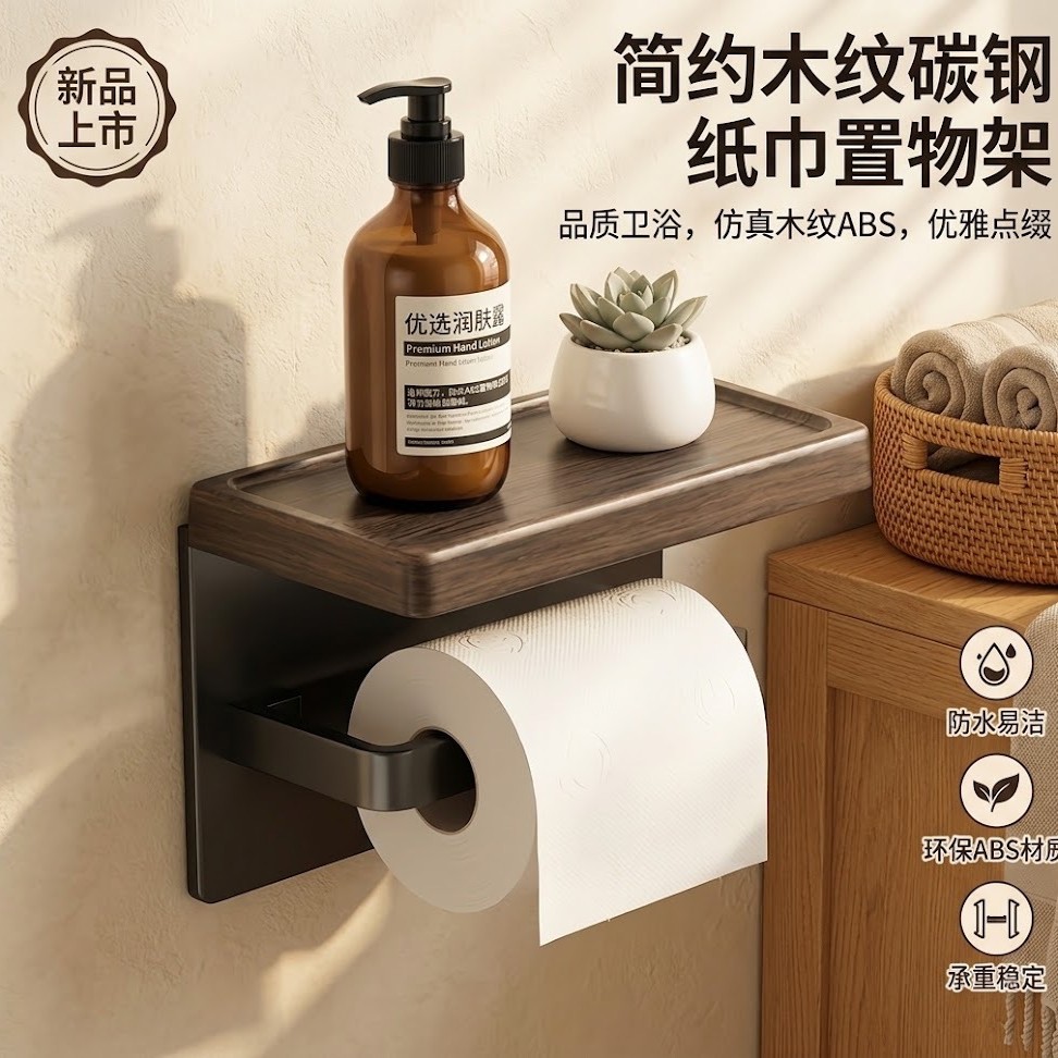Cross-border walnut bathroom shelf, vanity organizer, no-drill storage rack, tissue box, universal design for international trade