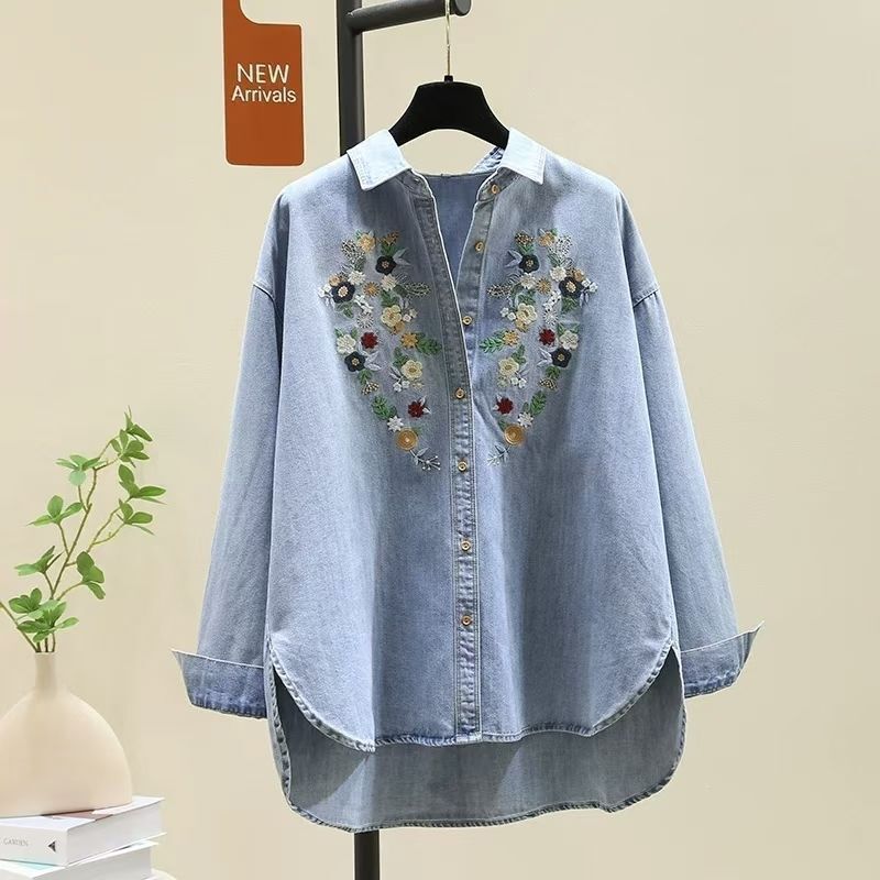 Versatile Slim-Fit Washed Light Blue Thin Embroidered Layered Casual Long-Sleeve Denim Shirt for Women 2025 Spring and Autumn New Style
