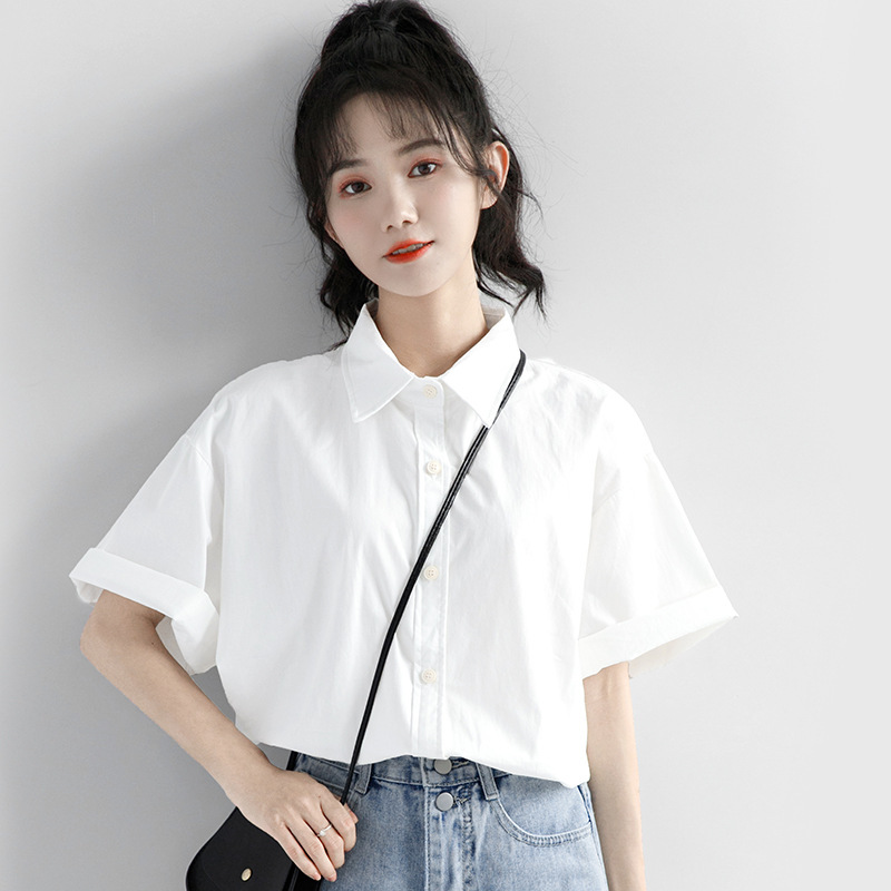 (Cool Silk Cotton, No Pocket Version) Loose-fitting, Slimming Short-sleeved Shirt for Women, White, with a Unique Design, Suitable for Summer and Professional Wear (Cool Silk Cotton, No Pocket Version) Loose-fitting, Slimming Short-sleeved Shirt for Women, White, with a Unique Design, Suitable for Summer and Professional Wear