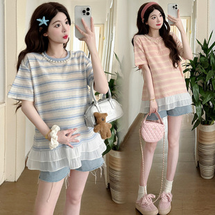 in stock 2025 Summer New Pregnant Women T Korean Sweet Striped Stitching Chiffon Loose Pregnant Women Top