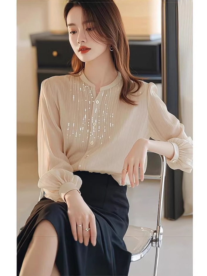 Áo sơ mi nữ dài tay chất liệu lụa trắng phối sequin kiểu Pháp — màu mơ
