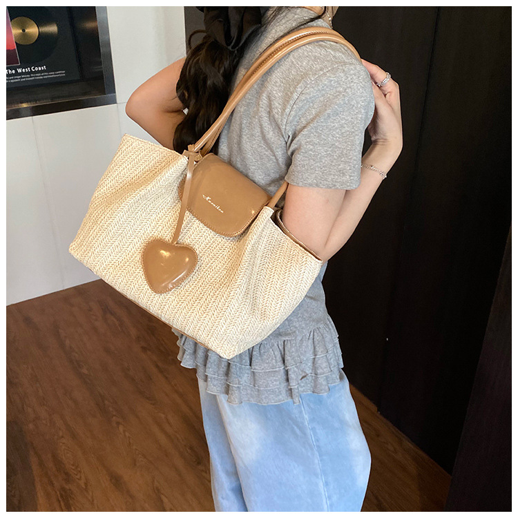 French niche straw woven large-capacity tote bag for women 2025 summer casual vacation beach woven single-shoulder bag trend undefined