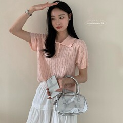 设计新款针织拼接感翻领麻花百搭2025年韩版蕾丝边夏季短袖上衣女