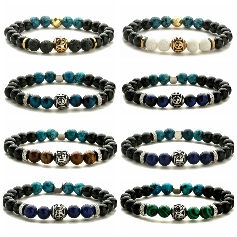 Pulsera de cuentas de Cruz de acero inoxidable de piedra natural transfronteriza europea y americana Pulsera de ágata de ojo de tigre Pulsera elástica Amazon