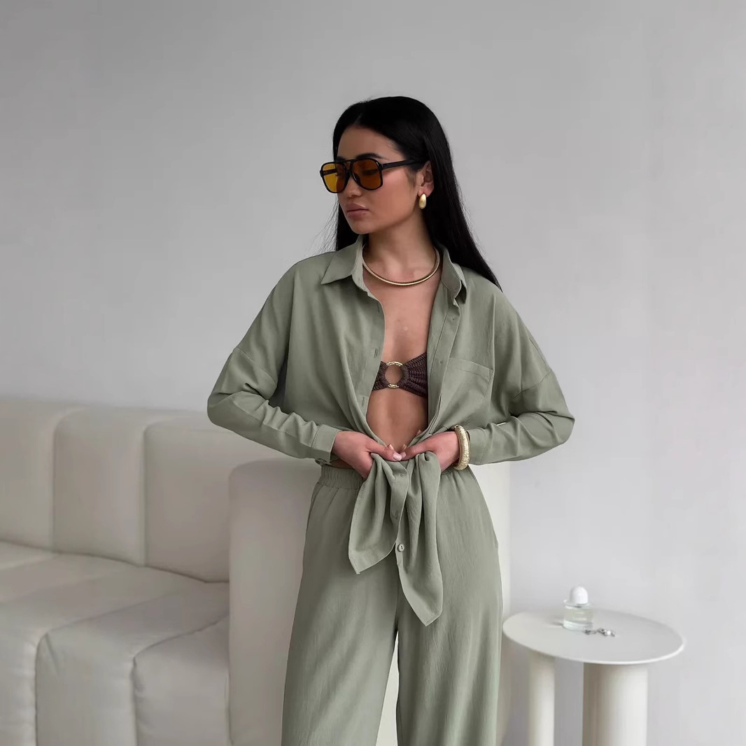 2026 Cross-Border European And American Women's Solid Color Cardigan Pocket Casual Wide-Leg Pants Set_ecoleips.com