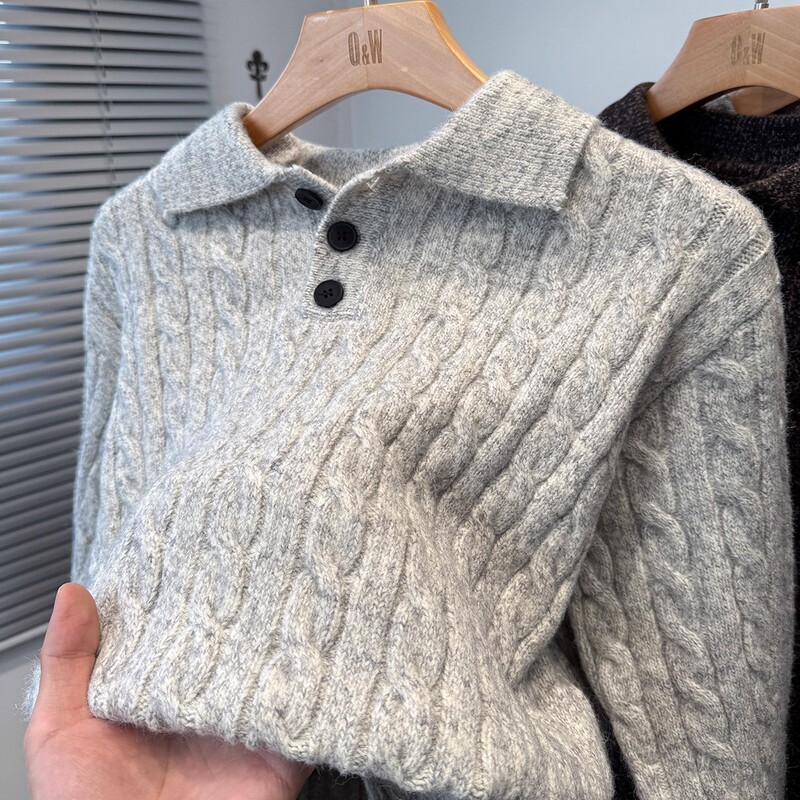 Classic Cable-Knit Polo Collar Sweater for Men, Thickened for Autumn and Winter, Casual Pullover Knitwear