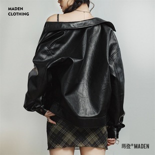 Maden American Retro Black Leather Jacket Petite Short Motorcycle Style Jacket Commuter Top Spring & Fall Women