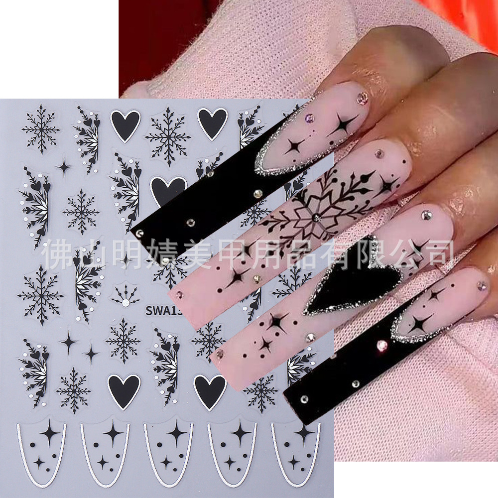 New Christmas Snowflake Stickers Ins Style Black and White Lace Snowflake Glitter Silver Heart Meteor Adhesive Nail Art Stickers