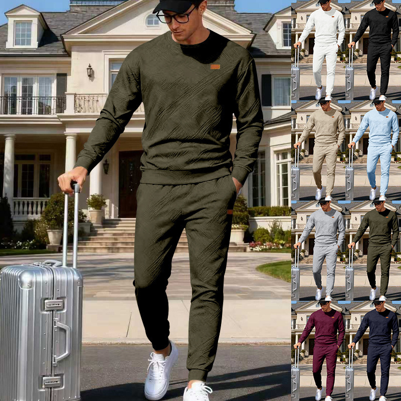Men's Sports and Leisure Suits Amazon Autumn and Winter Cross-Border New Round Neck Suit Jacquard Sweater Sweatshirt Suit