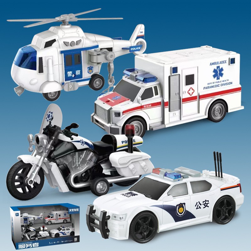 Large-sized Inertia Traffic Toy Car Children's Sound and Light Rescue Vehicle Police Car Ambulance Airplane Combination Gift Box Set