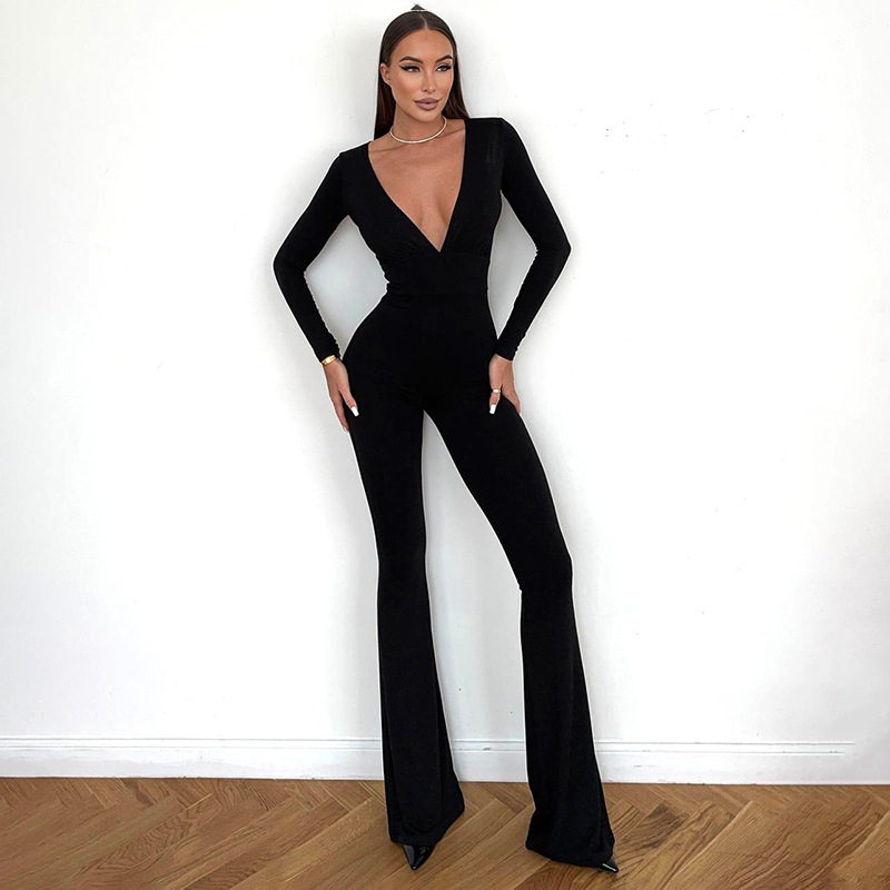 D25Jp364 European and American Cross-Border Women's Autum New Pure Color Elegant Slim Deep V Long-Sleeved Trumpet Long Jumpsuit