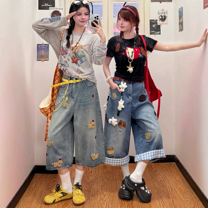 Retro American-Style Embroidered Cropped Jeans for Women, New Summer Thin High-Waisted Loose Slimming Straight Wide-Leg Mid-Length Pants Retro American-Style Embroidered Cropped Jeans for Women, New Summer Thin High-Waisted Loose Slimming Straight Wide-Leg Mid-Length Pants