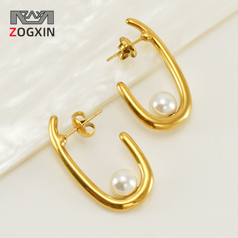 Transfronterizo europeo y americano de acero inoxidable en forma de U pendientes de perlas hembra 18K moda de alto grado de acero de titanio pendientes de la oreja anillo al por mayor