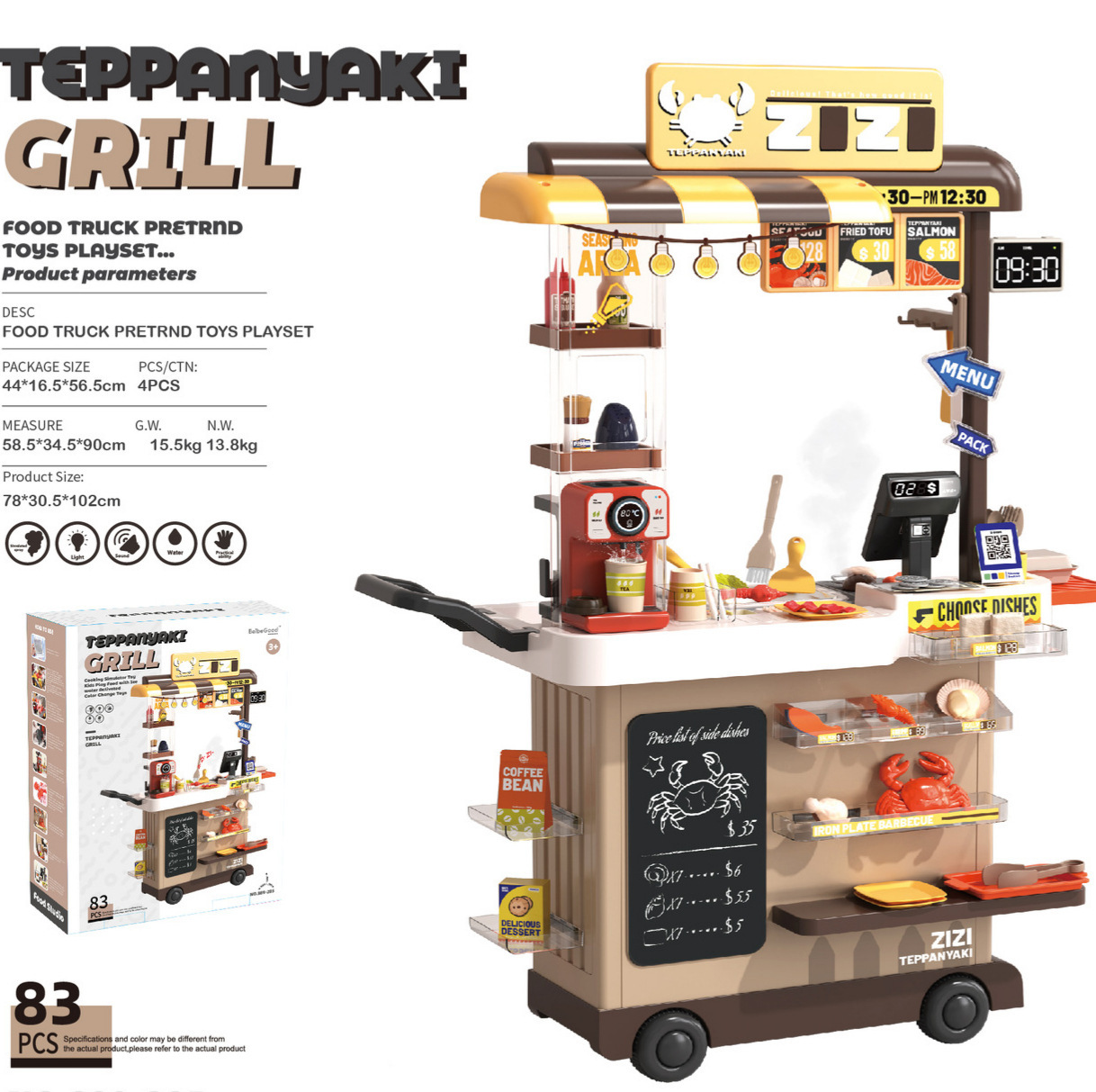 Niños transfronterizos 102cm spray carro de comida rápida sonido y luz agua de alimentación de color placa de hierro barbacoa juguetes de pollo frito