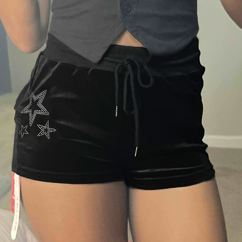 Y2K Hot Drilling Five-pointed Star Loose Drawstring Velvet Shorts Hot Girl's High Waist Slimming All-match Straight Casual Pants