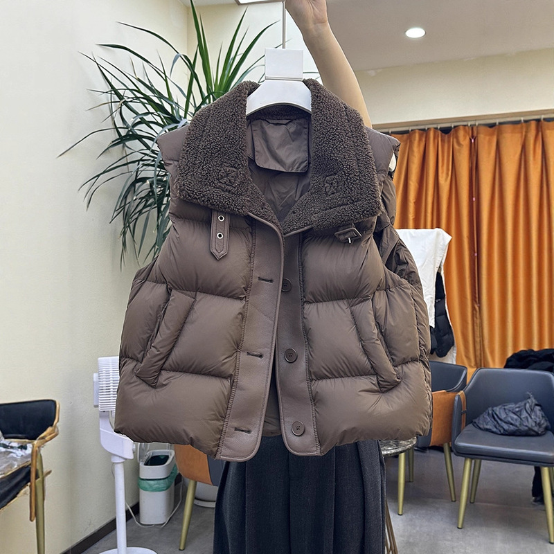 Plus Size Women's Clothing 2025 Autumn and Winter New down Cotton Vest Women's Spliced ​​Lambswool Vest Vest Vest Jacket