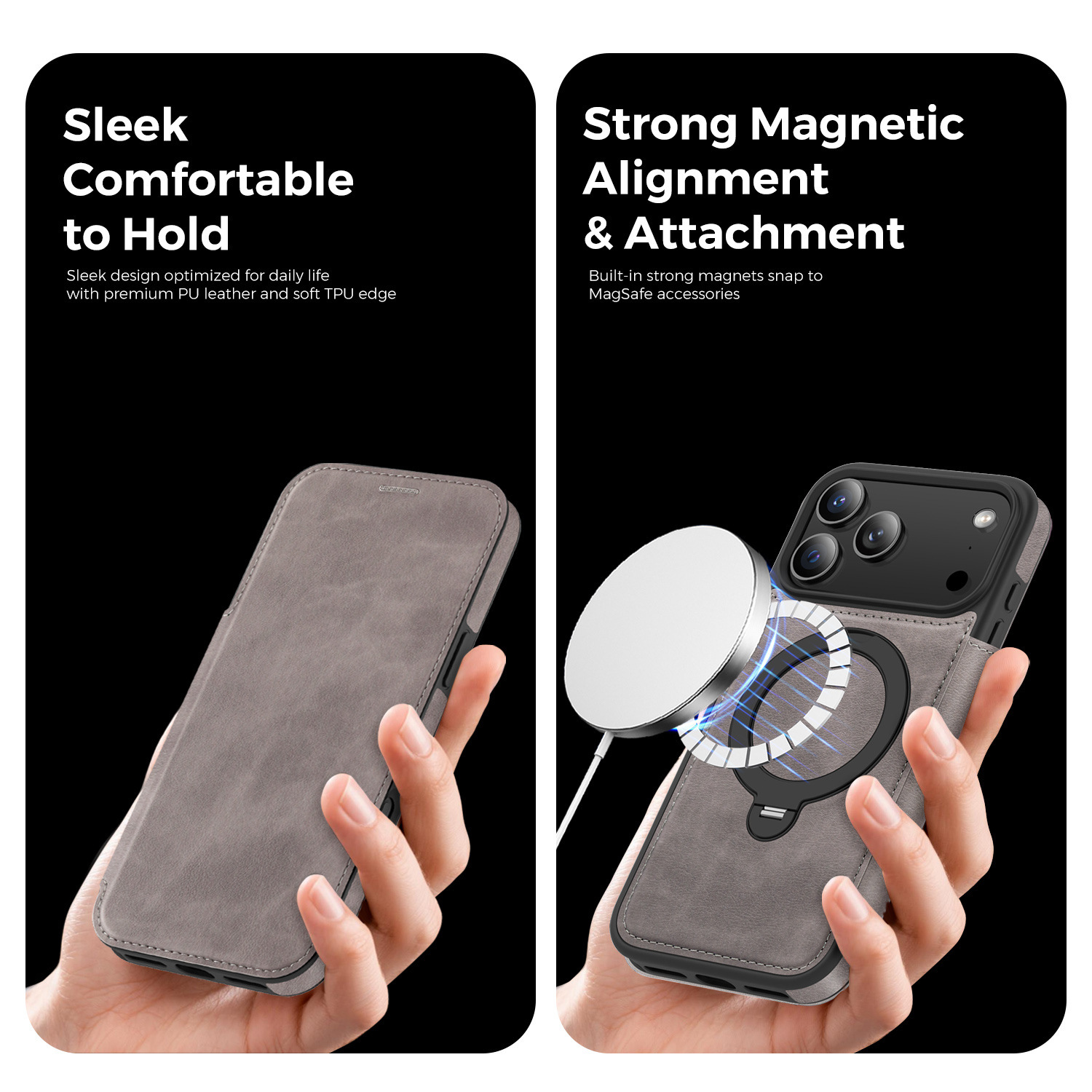 Ốp lưng da lật iPhone 16 Pro Max xoay 360 độ tích hợp giá đỡ từ tính — màu đen, màu xanh hoàng gia, Màu nâu, xám chi tiết 20