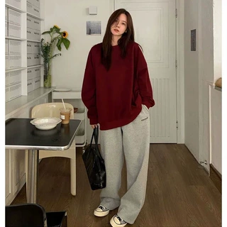 纯色圆领套头上衣酒红色卫衣女学生韩版宽松秋冬季慵懒薄款加绒款