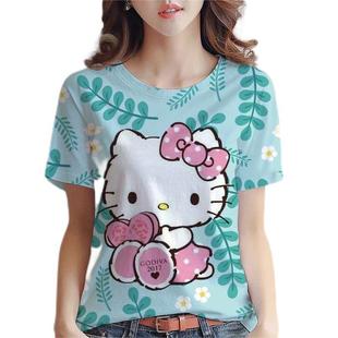 Cross-border Women's Short-sleeved T-shirt Shrimp Skin Explosions Hello Kitty Printed Round Neck Pullover Short-sleeved T-shirt Top for Women